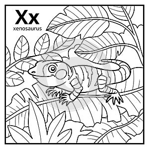 Coloring book, colorless alphabet. Letter X, xenosaurus