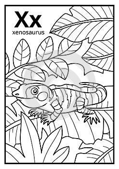 Coloring book, colorless alphabet. Letter X, xenosaurus