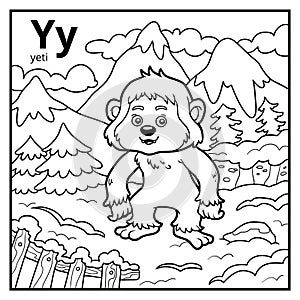 Coloring book, colorless alphabet. Letter Y, yeti