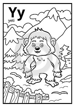 Coloring book, colorless alphabet. Letter Y, yeti