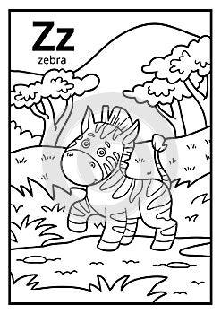 Coloring book, colorless alphabet. Letter Z, zebra