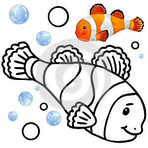 Coloring book coral reef fauna. Cartoon fish illustration for kid Entertainment