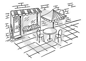 Coloring book. Cozy outdoor cafe in the open air. A table with a chairs. Hand drawn sketch. Vintage style. Black and white vector