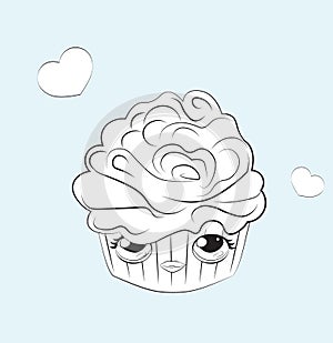 Coloring book cupcake with funy face