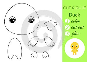Coloring book cut and glue baby duck. Educational paper game for preschool children. Cut and Paste Worksheet. Color, cut parts and