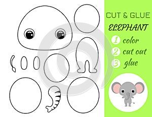 Coloring book cut and glue baby elephant. Educational paper game for preschool children. Cut and Paste Worksheet. Color, cut parts