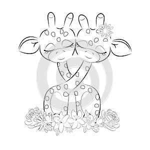 Coloring book, cute African giraffes, beautiful outline illustration isolated on white background. one line