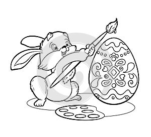 Coloring book Cute easter bunny painting an easter egg with a brush.Vector illustration in a flat cartoon style, black