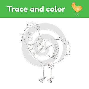 Coloring book with cute farm animal a chicken. For kids kindergarten, preschool and school age. Trace worksheet