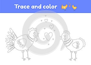 Coloring book with cute farm animal chicken and rooster. For kids kindergarten, preschool and school age. Trace