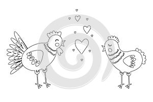 Coloring book with cute farm animals chicken and hen. For kids kindergarten, preschool and school age.