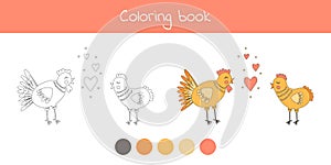 Coloring book with cute farm animals rooster and chicken. For kids kindergarten, preschool and school age.