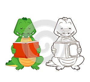 Coloring book, cute green crocodile is reading a book. Vector illustration in cartoon style, contour drawing