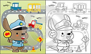 Coloring book of cute kangaroo cartoon in traffic cop uniform with vehicles in the road