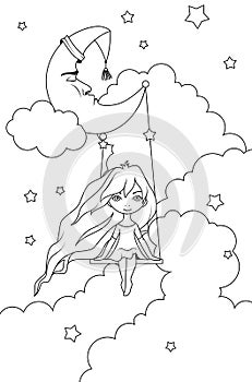Coloring book: Cute little girl swinging on a crescent in front of night sky. Insomnia concept.