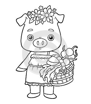 Coloring book, Cute pig with a basket of vegetables