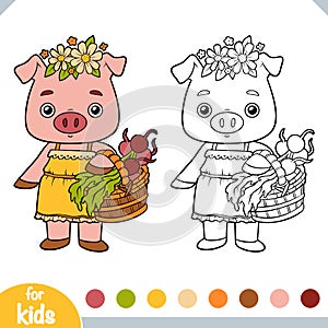 Coloring book, Cute pig with a basket of vegetables