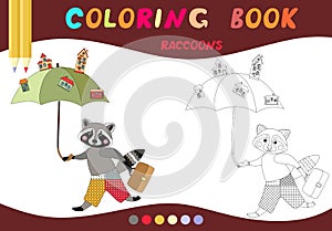 Coloring book. Cute raccoon - architect. Cartoon vector illustration