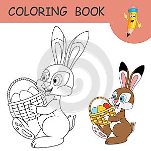 Coloring book with cute smiling Hare holding basket with Easter eggs. Colorless and color samples of cartoon Easter Rabbit.