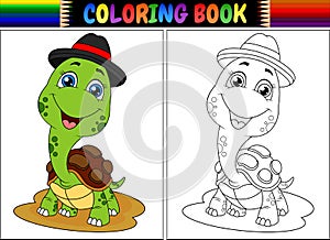 Coloring book with cute turtle wearing cap