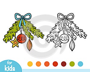 Coloring book, Decorated Christmas Tree branch