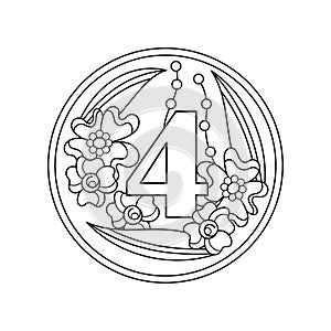 Coloring book. Decorated with flowers number 4 in a round frame. Vector floral composition in monochrome design
