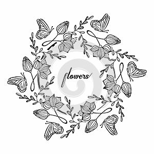 Coloring book with decorative flowers and decorative butterflies. Hand drawn outline.