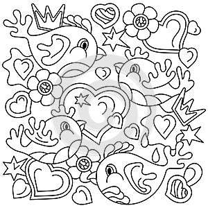 Coloring book, Doodles Birds. flowers hearts Abstract shapes, Hand drawn Vector illustartions on white