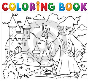 Coloring book druid near castle