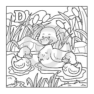 Coloring book (duck), colorless illustration (letter D)