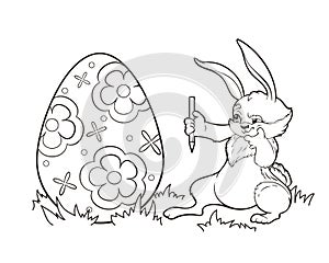 Coloring book Easter bunny artist with a pencil marks the drawing on the egg.Vector illustration in cartoon style, black