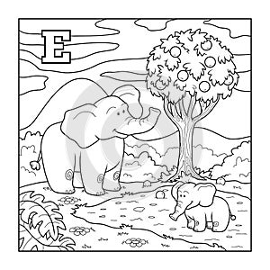 Coloring book (elephant), colorless alphabet for children: letter E