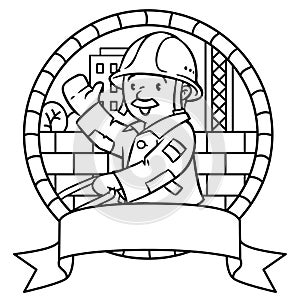 Coloring book or emblem of funny worker with cart