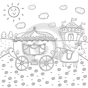 Coloring book fairy tale carriage and magic castle design for kids.