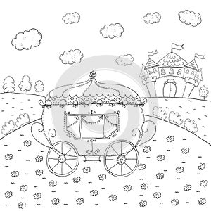 Coloring book fairy tale carriage and magic castle design for kids.