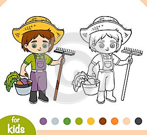 Coloring book, Farmer boy with rake and bucket