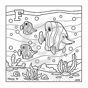 Coloring book (fish), colorless alphabet for children: letter F
