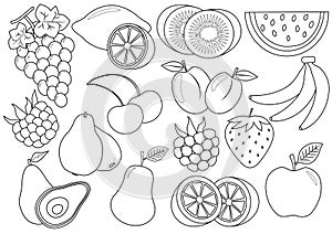 Coloring book. Fruits and berries cartoon. Icons. Vector