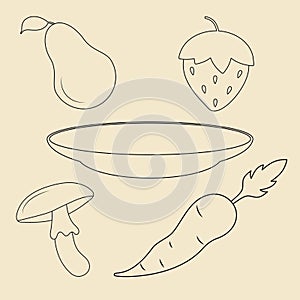 Coloring book with fruits, vegetables. Set of line icons, strawberry, pear, mushroom, carrot, plate