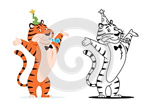 Coloring book. Funny cartoon tiger with whistle.