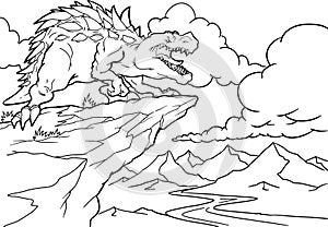 Coloring book. Funny dinosaur in a prehistoric landscape. Cartoon isolated character on background