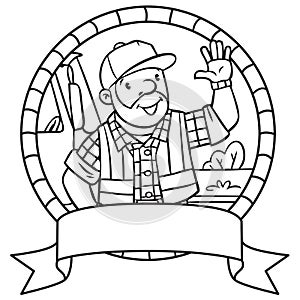 Coloring book of funny driver or worker. Emblem.