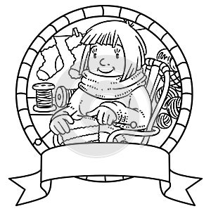 Coloring book with funny knitter women. Emblem photo