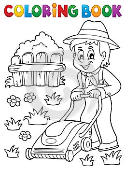 Coloring book gardener with lawn mower