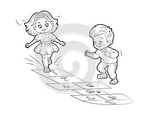 Coloring book girl and boy are jumping while playing hopscotch. Vector illustration in cartoon style, black and white