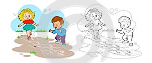 Coloring book girl and boy are jumping while playing hopscotch. Vector illustration in cartoon style, black and white