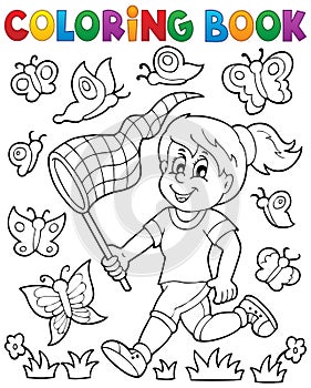 Coloring book girl chasing butterflies