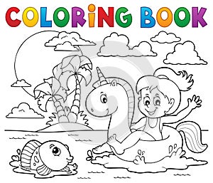 Coloring book girl floating on unicorn 2