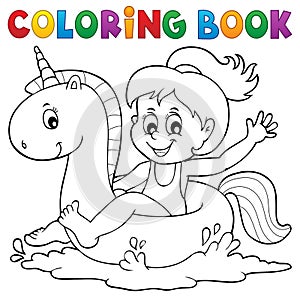 Coloring book girl floating on unicorn 1