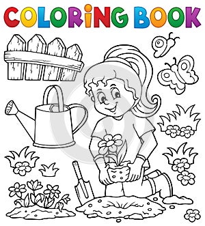 Coloring book girl gardener theme set 1